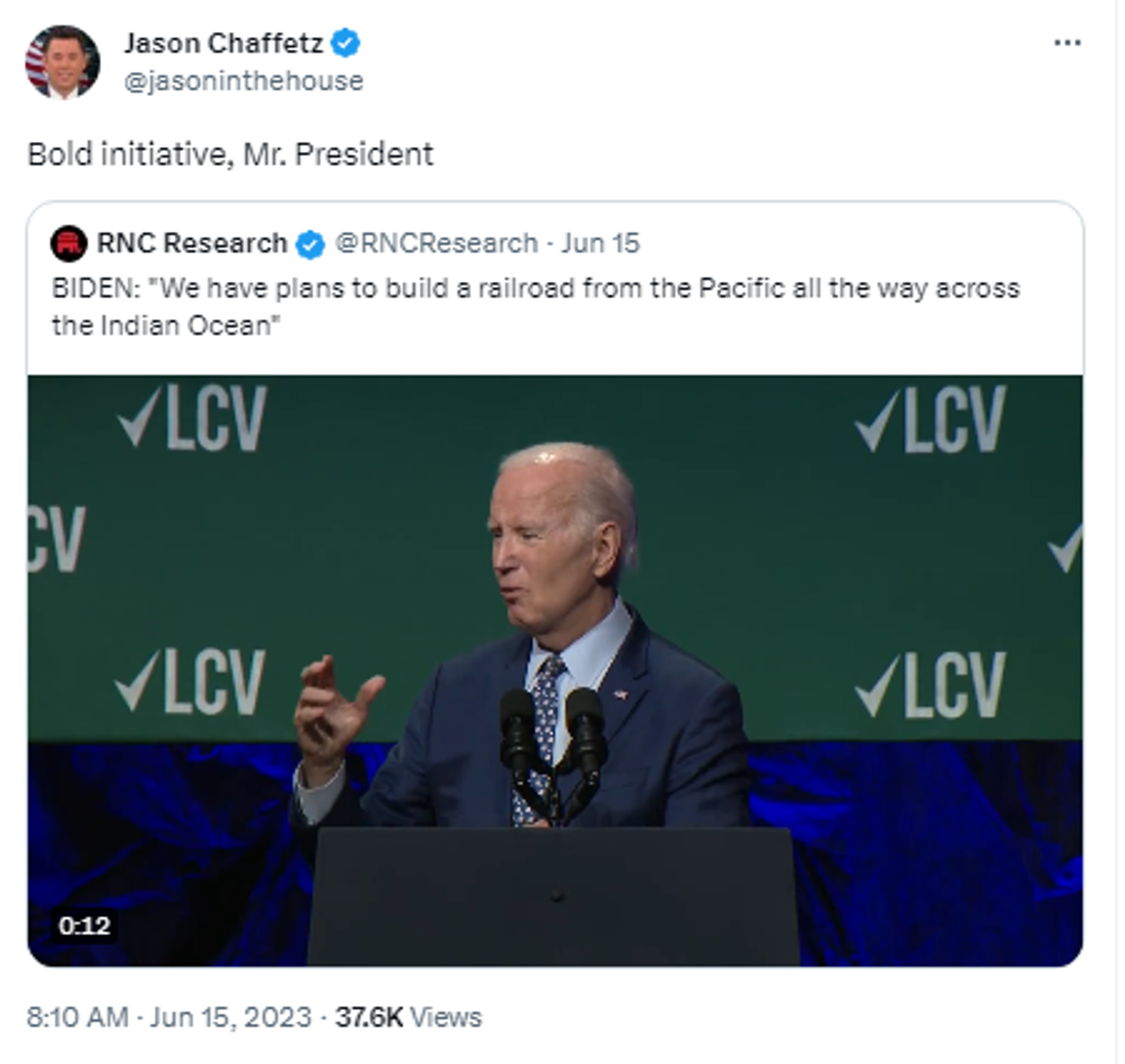 Screenshot of Twitter post by  Fox News contributor and former GOP Congressman Jason Chaffetz, featuring footage of President Joe Biden. - Sputnik International, 1920, 16.06.2023