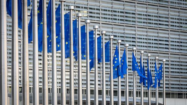 A picture taken in Brussels on April 18, 2023 shows European flags at the Berlaymont building which houses the headquarters of the European Commission, the executive branch of the European Union (EU) - Sputnik International