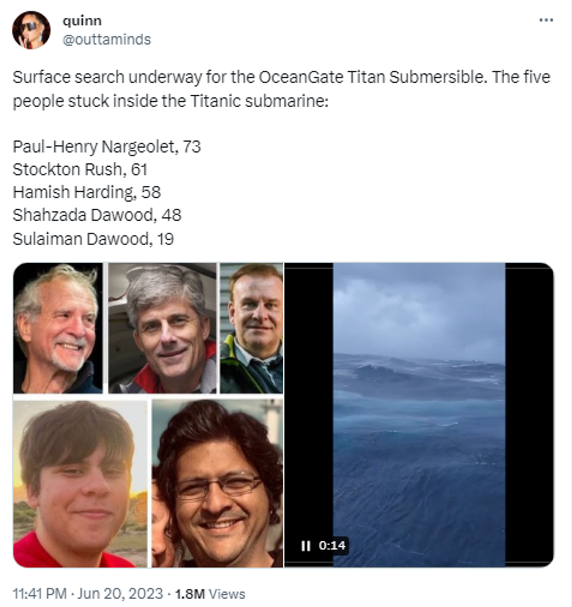 Twitter screenshot showng photos of five people believed to be aboard the missing Oceangate submersible Titan that was surveying wreckage of the Titanic. - Sputnik International, 1920, 21.06.2023