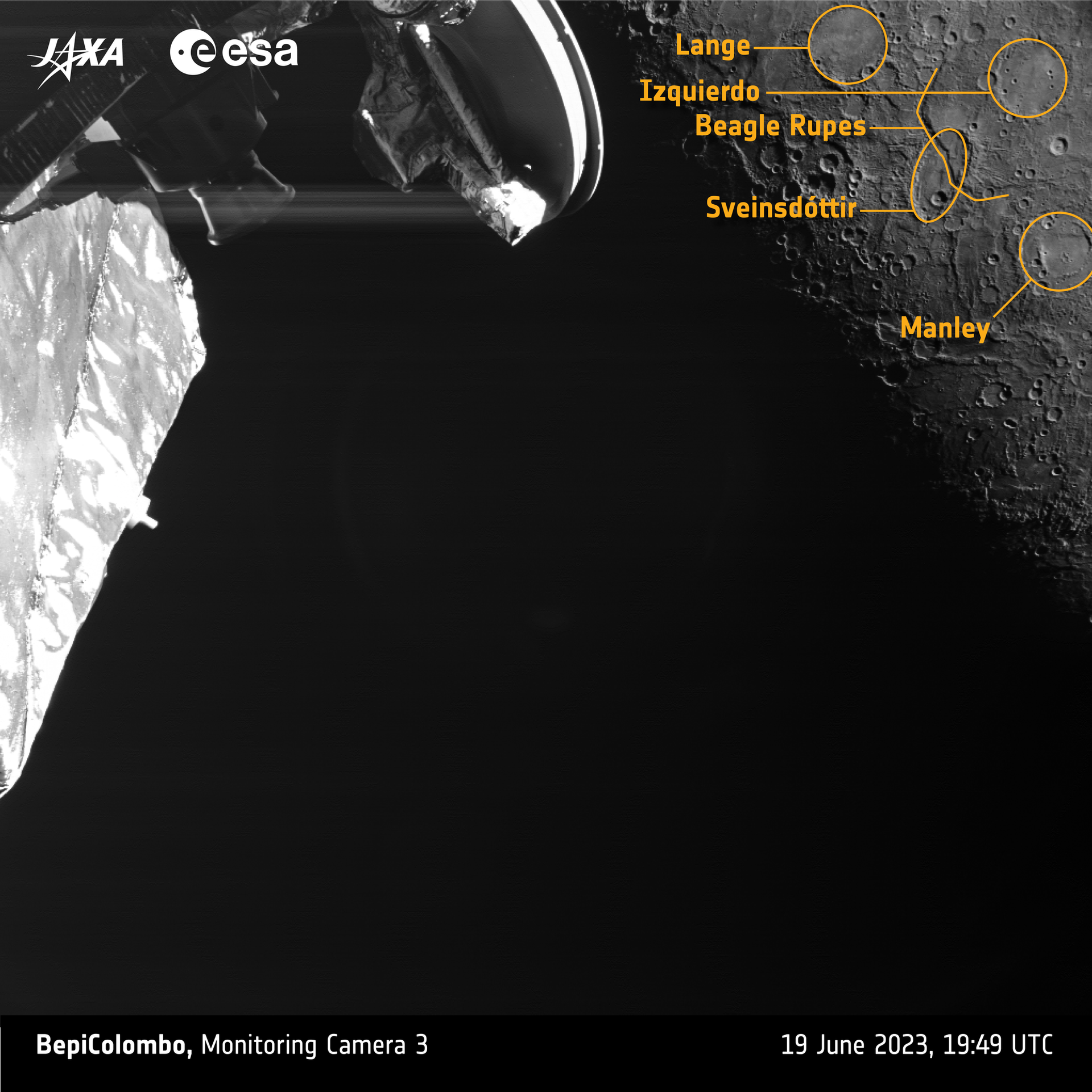An annotated image showing the features photographed by BepiColombo. - Sputnik International, 1920, 22.06.2023