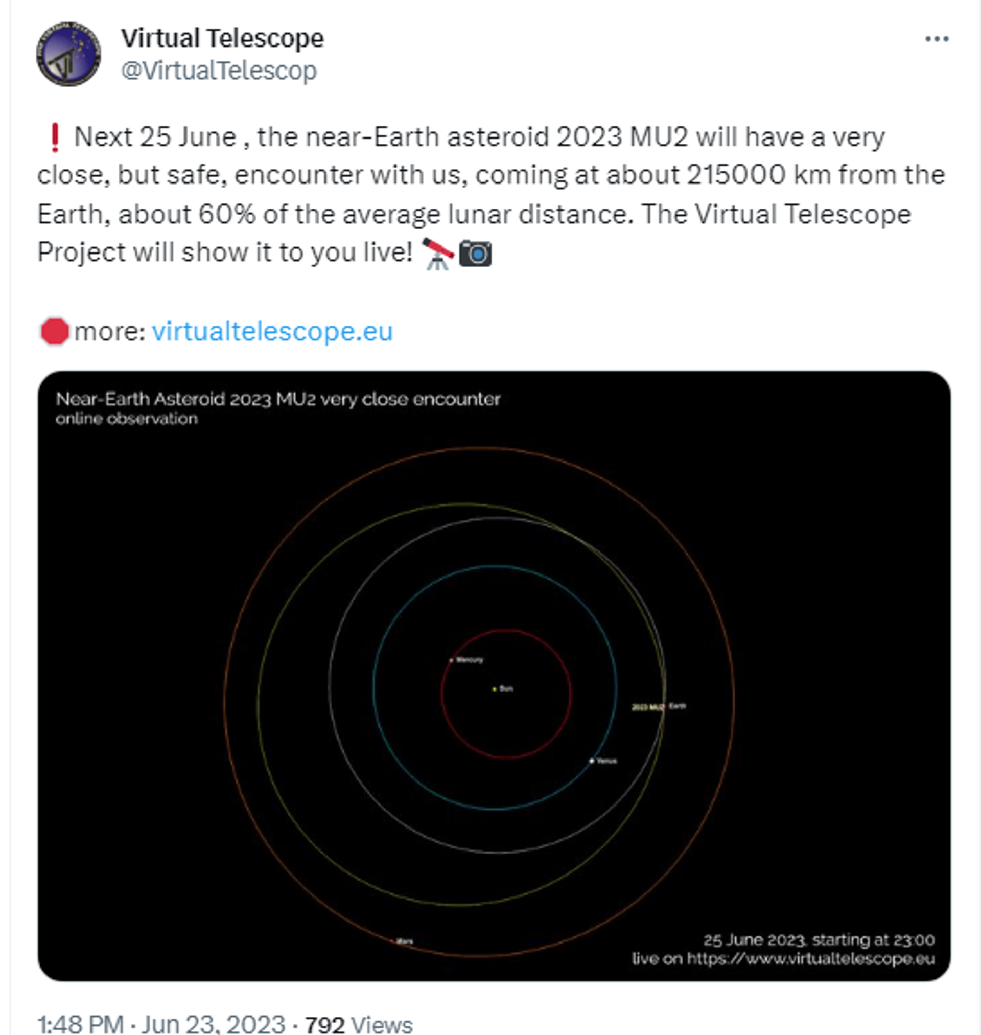 Twitter screenshot showing flight path of asteroid 2023 MU2. - Sputnik International, 1920, 24.06.2023