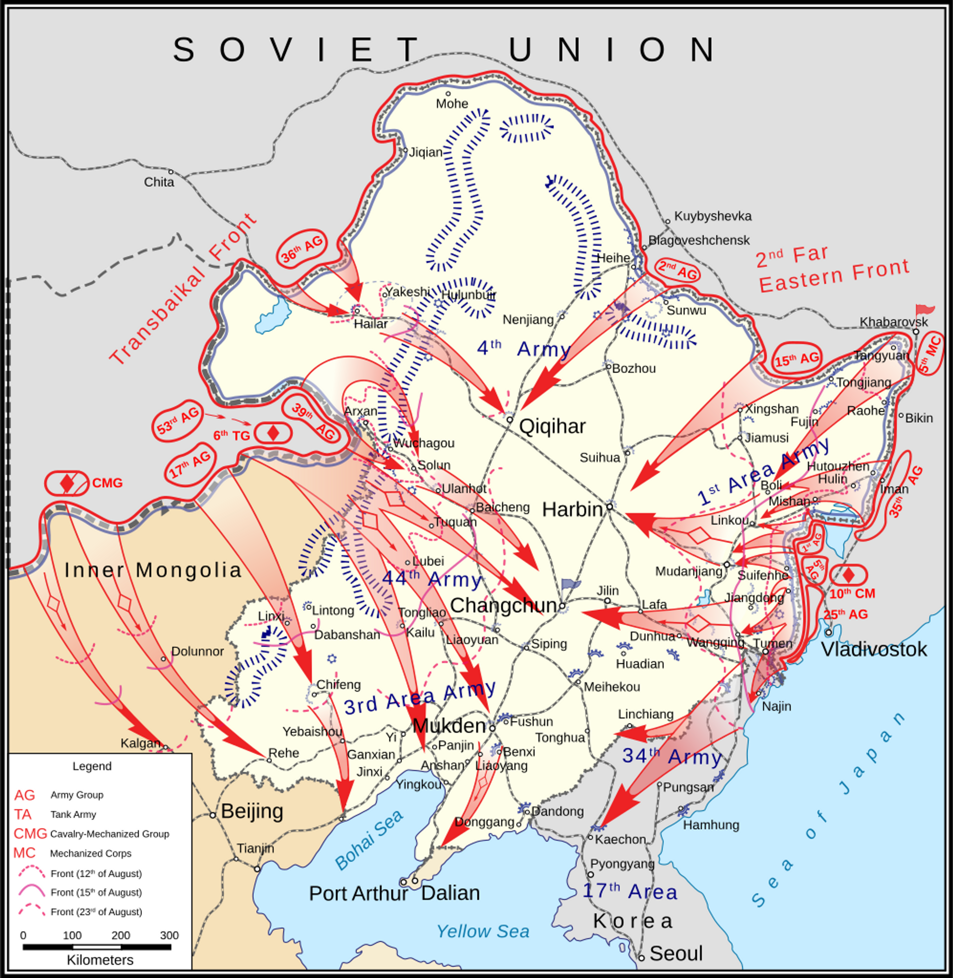 Map showing the Soviet Union's 1945 Invasion of Manchuria, also known as Operation August Storm. Based on David Glantz's maps in Levenworth Paper No 7 - Feb 1983 - Sputnik International, 1920, 27.06.2023