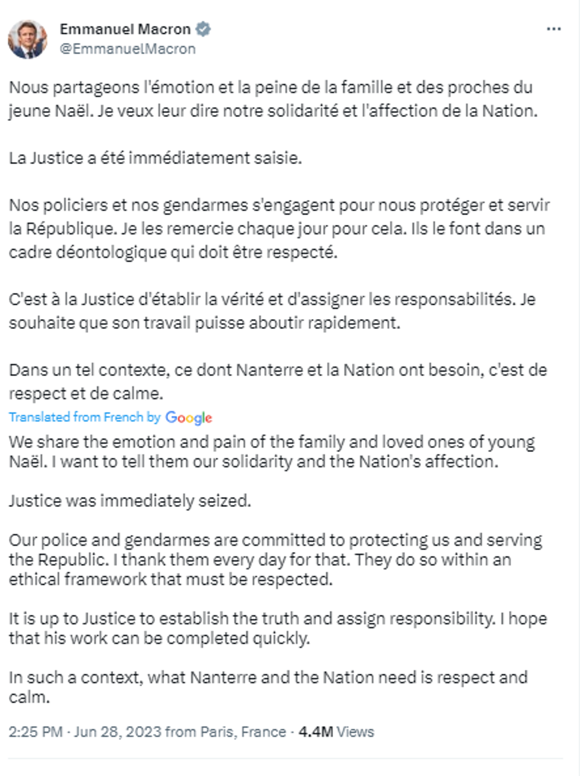 Screenshot of Twitter post by French President Emmanuel Macron. - Sputnik International, 1920, 30.06.2023