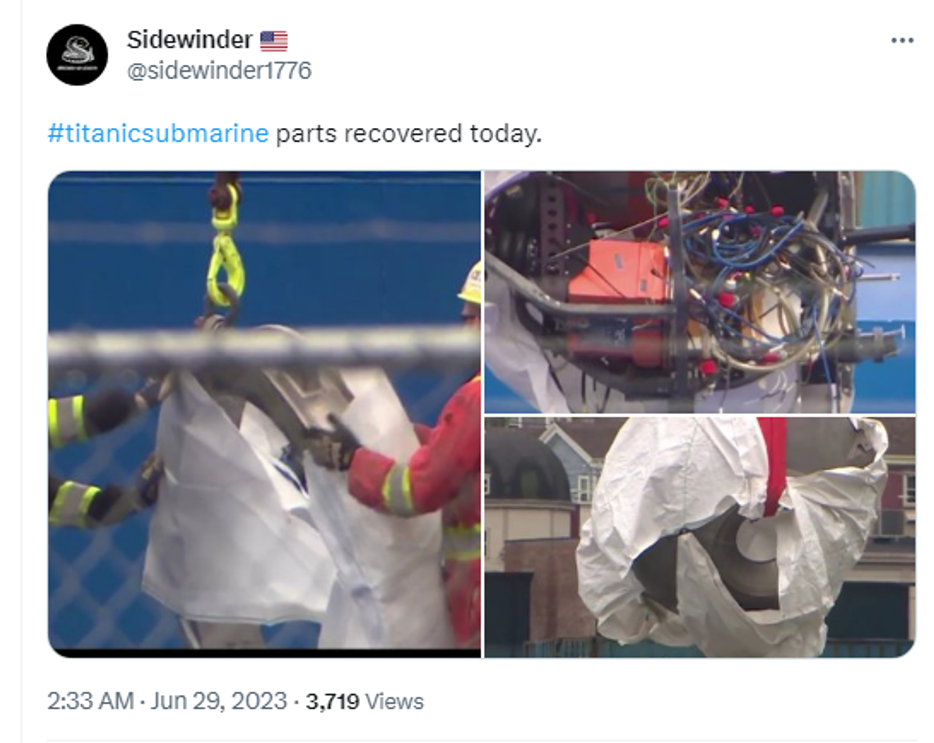 Twitter screenshot showing the recovered parts of OceanGate's Titan submersible that imploded on June 18. - Sputnik International, 1920, 01.07.2023