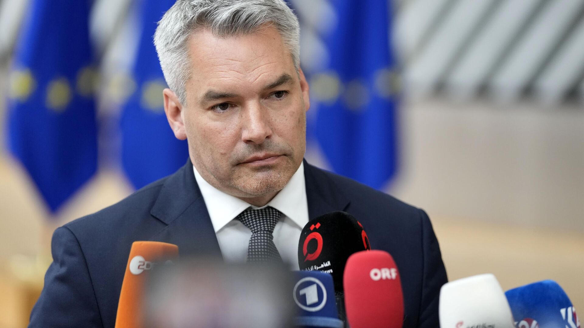 Austria's Chancellor Karl Nehammer speaks with the media as he arrives for an EU summit at the European Council building in Brussels, Thursday, June 29, 2023. European leaders meet for a two-day summit to discuss Ukraine, migration and the economy. - Sputnik International, 1920, 01.07.2023