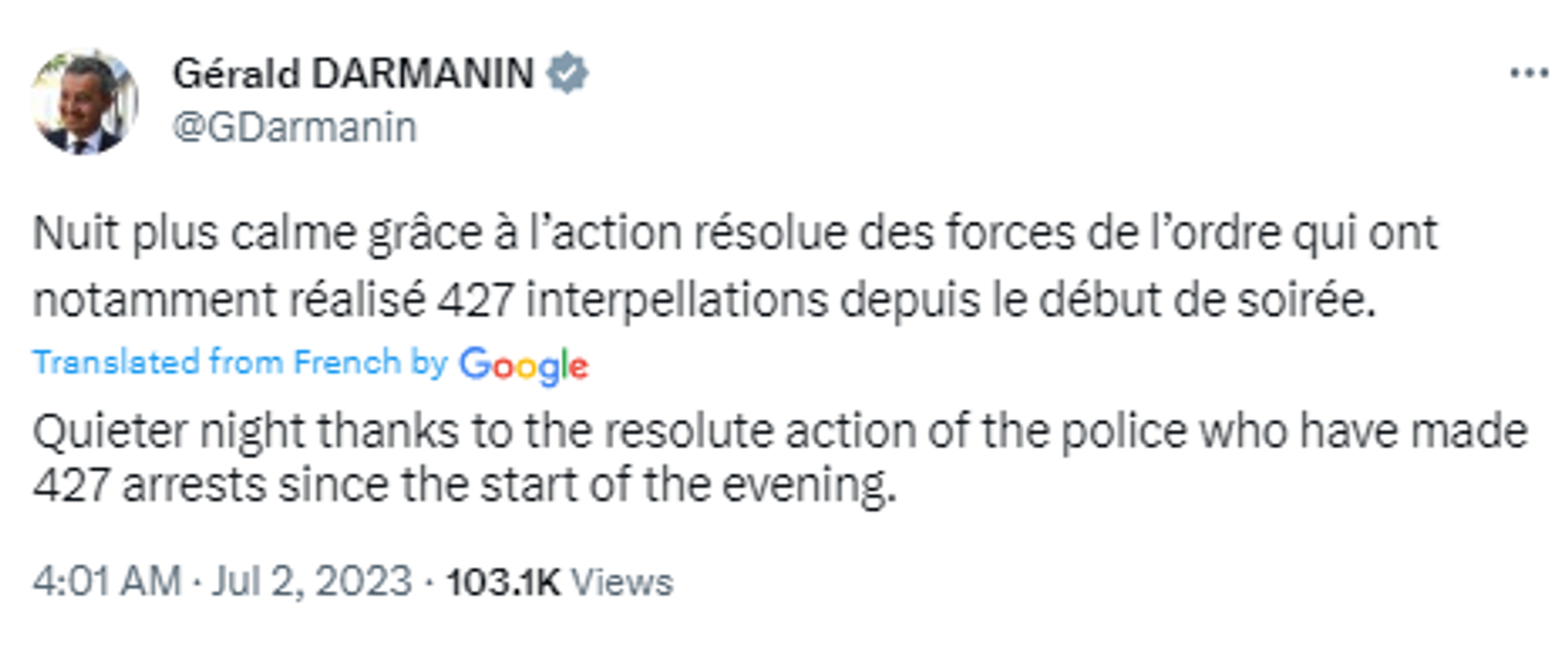 Screengrab of Twitter post by Gérald Darmanin, Minister of the Interior of France. - Sputnik International, 1920, 02.07.2023