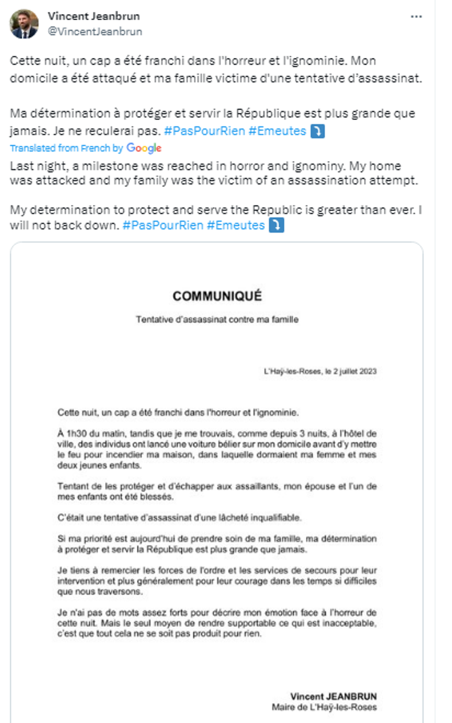 Screenshot of Twitter post by Vincent Jeanbrun, Mayor of L'Haÿ-les-Roses. - Sputnik International, 1920, 02.07.2023