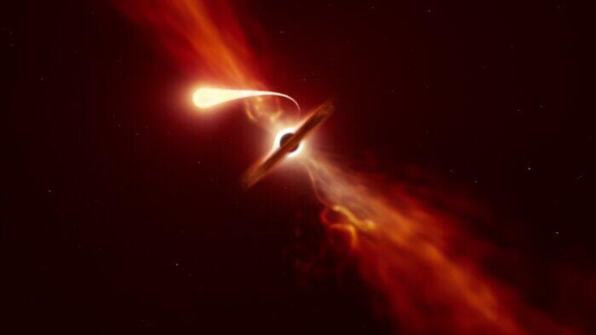 This illustration depicts a star (in the foreground) experiencing spaghettification as it’s sucked in by a supermassive black hole (in the background) during a ‘tidal disruption event’. In a new study, done with the help of ESO’s Very Large Telescope and ESO’s New Technology Telescope, a team of astronomers found that when a black hole devours a star, it can launch a powerful blast of material outwards. - Sputnik International, 1920, 31.01.2024