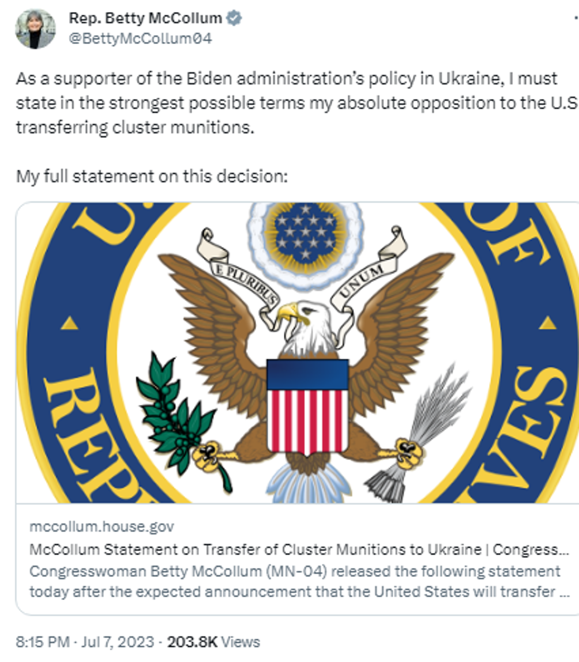 Screengrab of Twitter post by Rep. Betty McCollum (D-Mo.), ranking member of the US House’s defense appropriations subcommittee. - Sputnik International, 1920, 08.07.2023