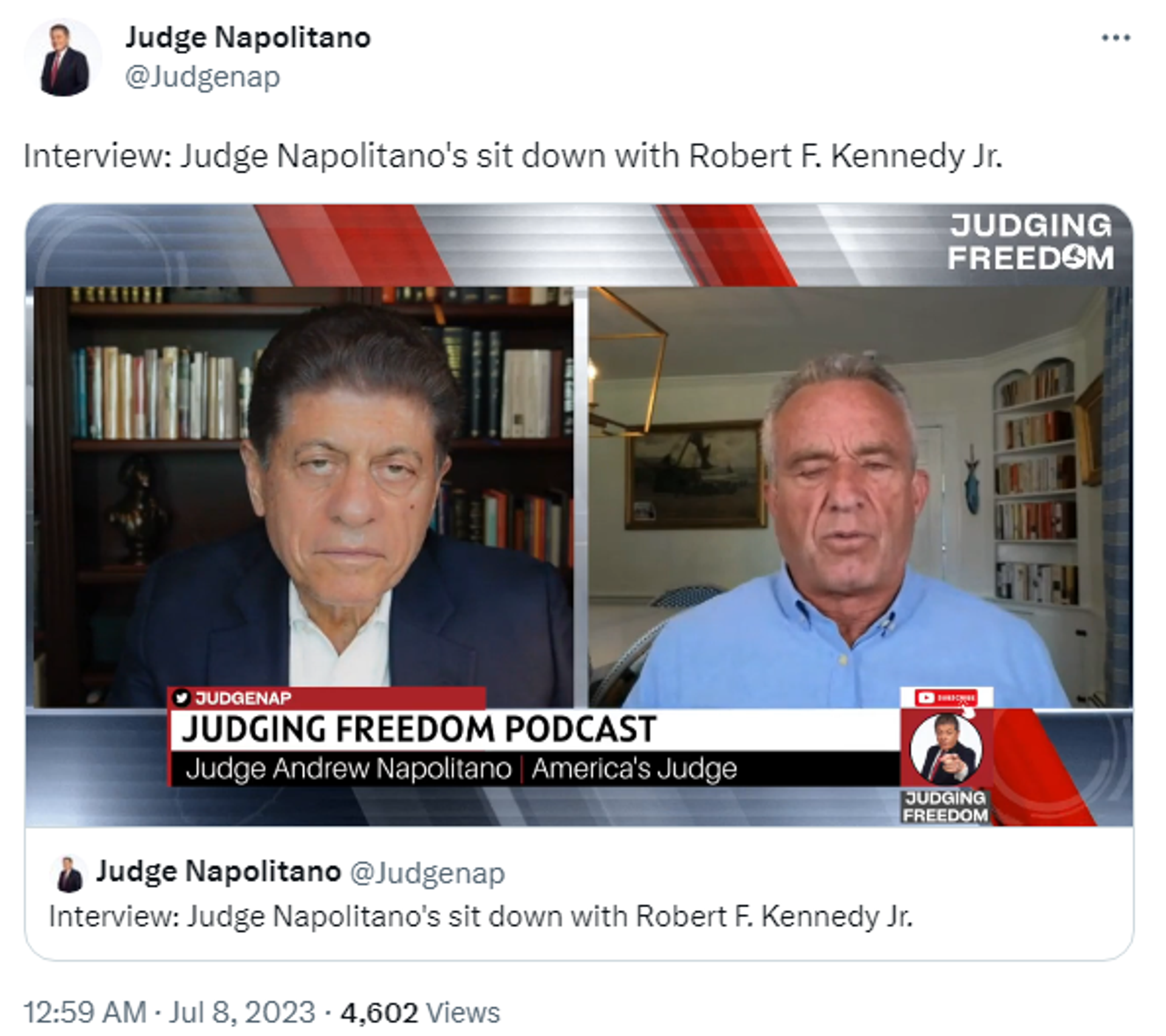 Screenshot of Twitter post by Judge Andrew Napolitano featuring his interview with Robert F. Kennedy Jr., on his Judging Freedom podcast. - Sputnik International, 1920, 08.07.2023