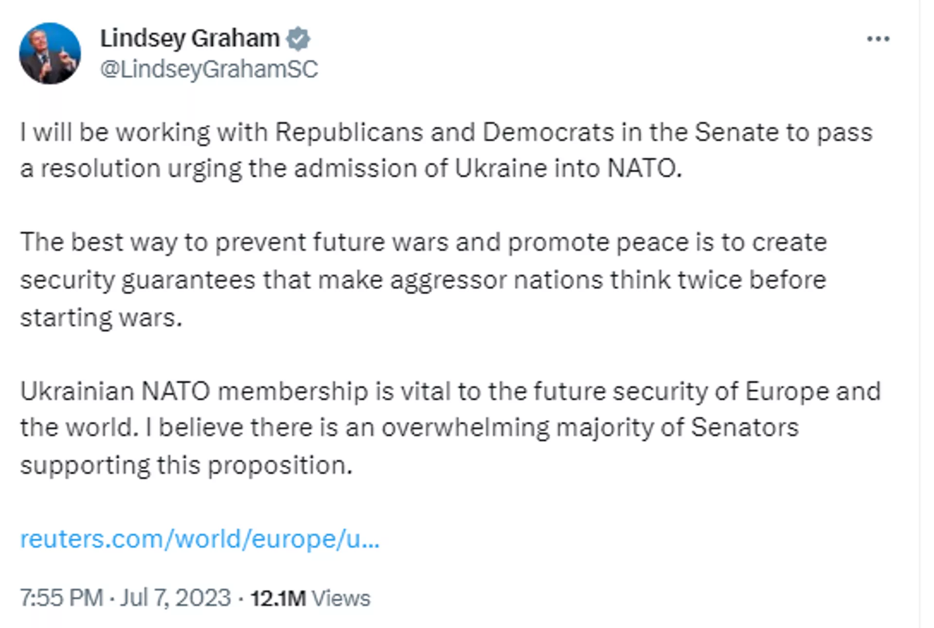 Captura de pantalla de la publicación en Twitter de la senadora Lindsey Graham, RS.C. - Sputnik Internacional, 1920, 09.07.2023