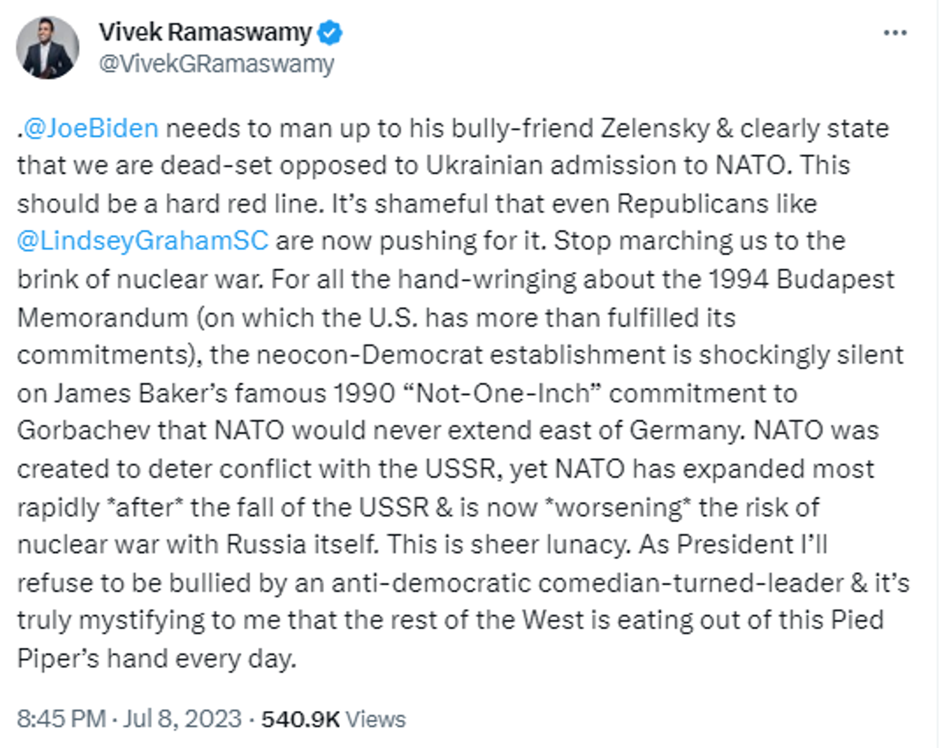 Screengrab of Twitter post by Republican 2024 presidential candidate Vivek Ramaswamy. - Sputnik International, 1920, 09.07.2023