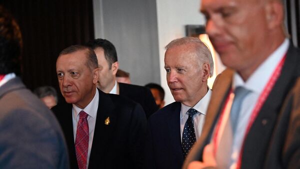 US President Joe Biden (R) walks with Turkey's President Recep Tayyip Erdogan (L) for their bilateral meeting during the G20 summit in Nusa Dua on the Indonesian resort island of Bali on November 15, 2022.  - Sputnik International