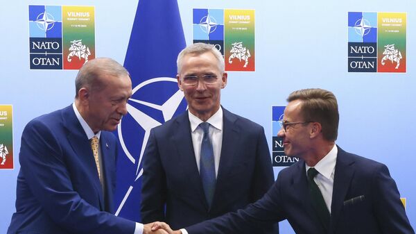 Turkey's President Recep Tayyip Erdogan, left, shakes hands with Sweden's Prime Minister Ulf Kristersson, right, as NATO Secretary General Jens Stoltenberg looks on prior to a meeting ahead of a NATO summit in Vilnius, Lithuania, Monday, July 10, 2023. - Sputnik International