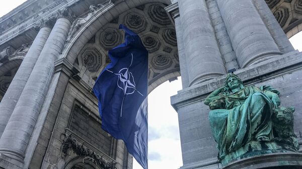 NATO flag fluttering in the wind in the arcades of the Cinquantenaire in Brussels - Sputnik International