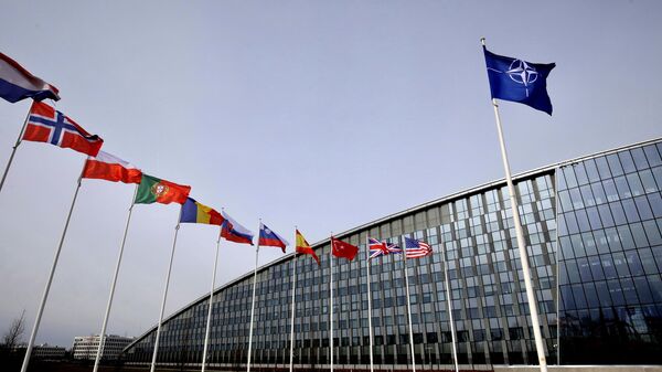 Flags of Alliance members flap in the wind outside NATO headquarters in Brussels, Friday, Feb. 28, 2020. (AP Photo/Olivier Matthys) - Sputnik International