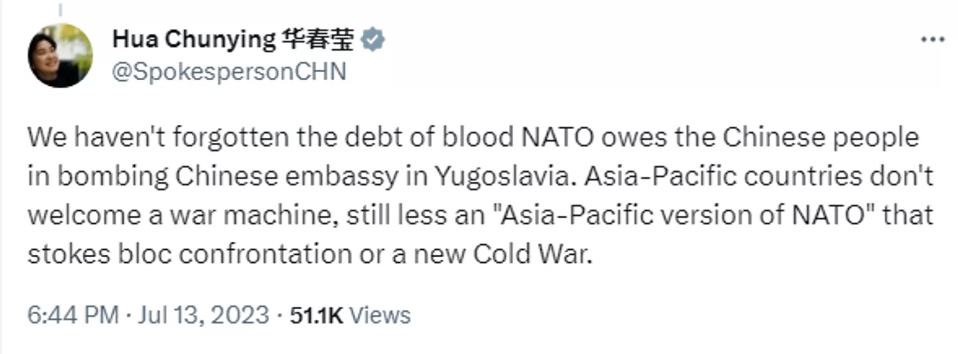 Screengrab of Twitter post by Chinese Foreign Ministry Spokesperson Hua Chunying.