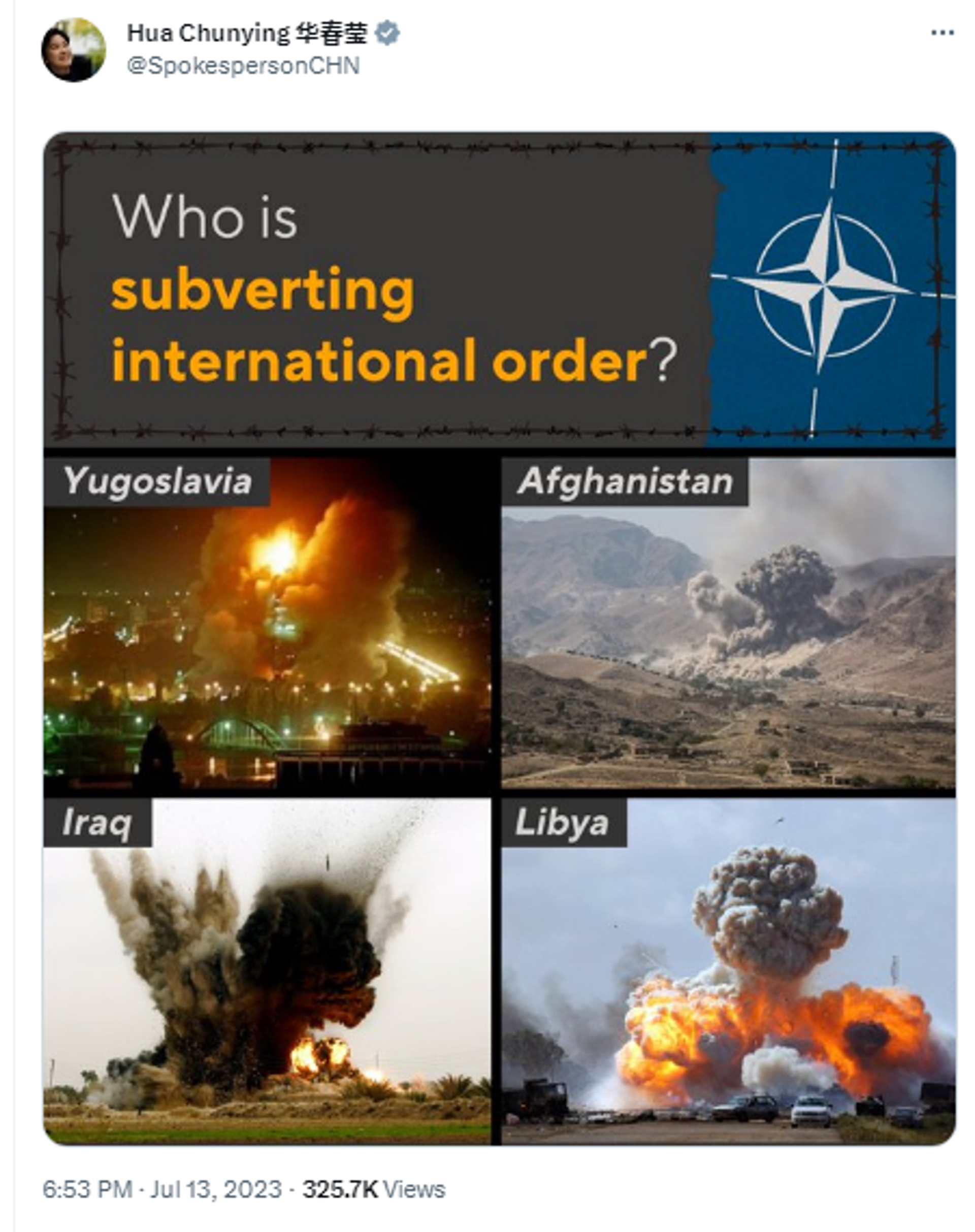 Screengrab of Twitter post by Chinese Foreign Ministry Spokesperson Hua Chunying featuring photographs of NATO bombings carried out in Afghanistan, Iraq, Libya and Yugoslavia. - Sputnik International, 1920, 15.07.2023