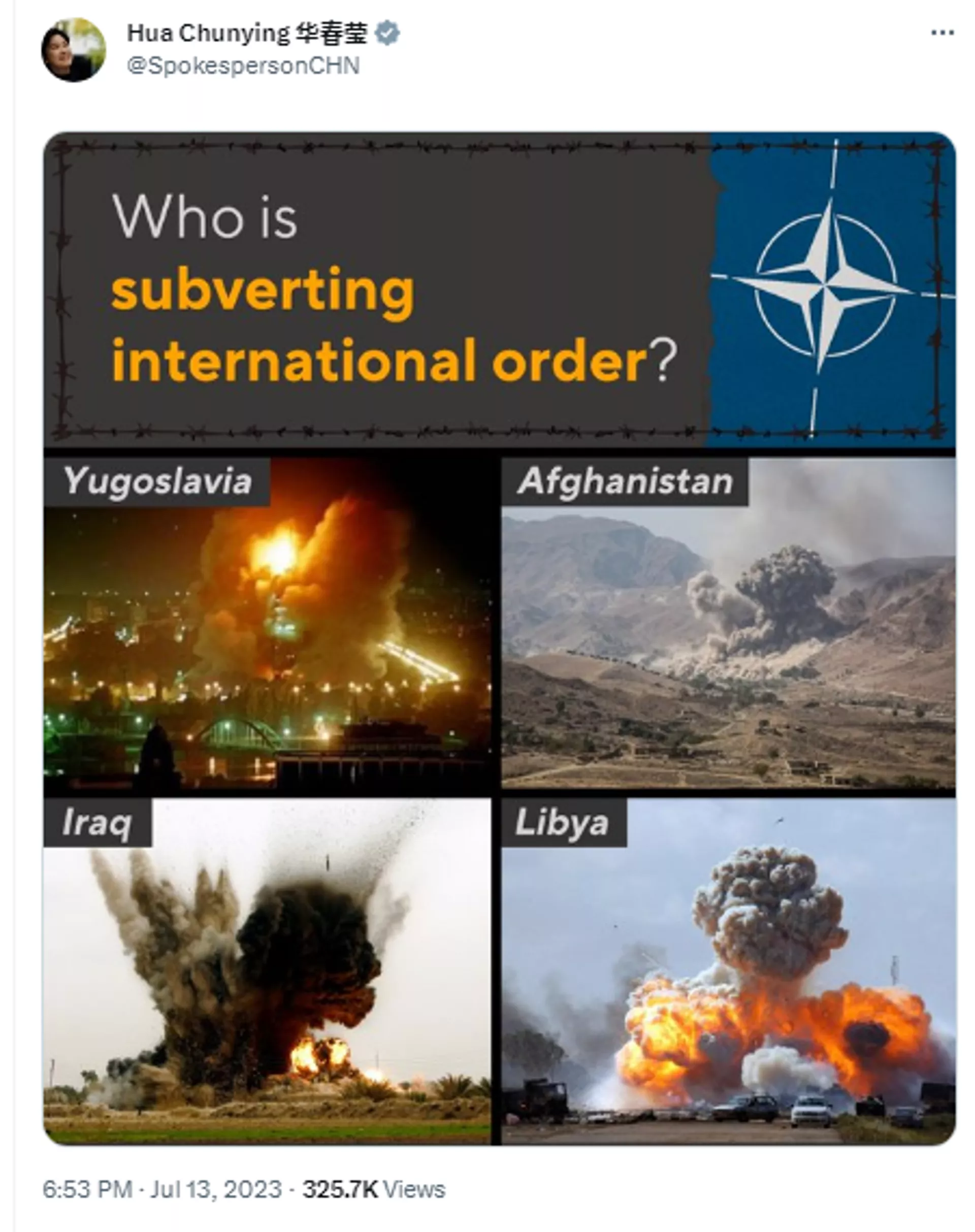 Screengrab of Twitter post by Chinese Foreign Ministry Spokesperson Hua Chunying featuring photographs of NATO bombings carried out in Afghanistan, Iraq, Libya and Yugoslavia.