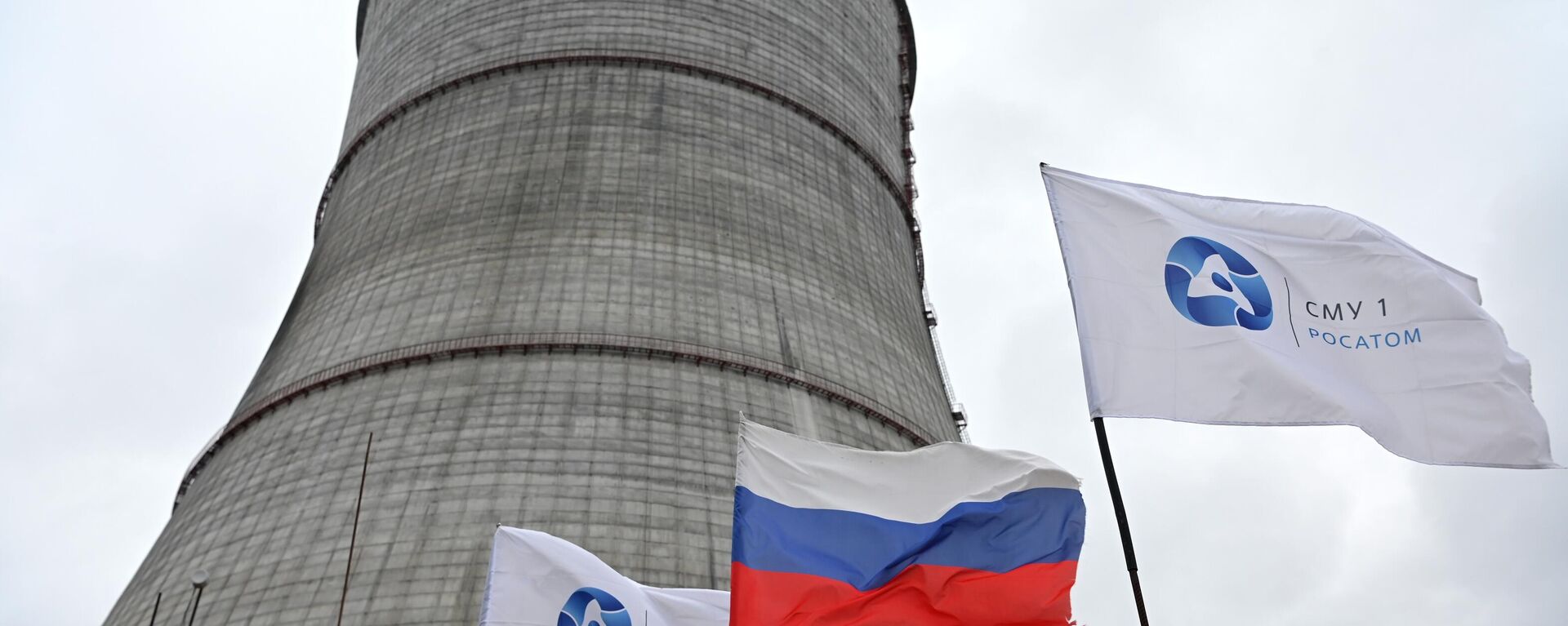 A Russian national flag and flags with the logo of Rosatom flutters at the construction site of a cooling tower at the Kursk II nuclear power plant near the village of Makarovka outside Kurchatov, Kursk region - Sputnik International, 1920, 27.08.2024