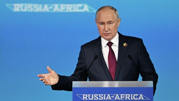Russian President Vladimir Putin giving a speech during the plenary session of the second Russia-Africa summit in Saint Petersburg on July 27, 2023.  - Sputnik International