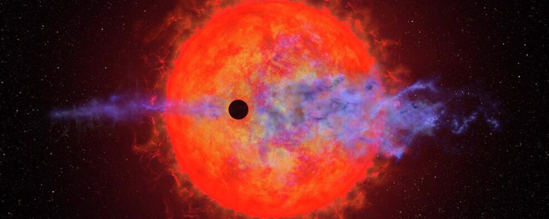 This artist's illustration shows a planet (dark silhouette) passing in front of the red dwarf star AU Microscopii. The planet is so close to the eruptive star a ferocious blast of stellar wind and blistering ultraviolet radiation is heating the planet's hydrogen atmosphere, causing it to escape into space. Four times Earth's diameter, the planet is slowly evaporating its atmosphere, which stretches out linearly along its orbital path. This process may eventually leave behind a rocky core. The illustration is based on measurements made by the Hubble Space Telescope. - Sputnik International, 1920, 01.08.2023