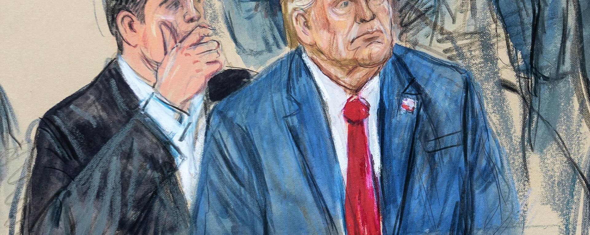 This artist sketch depicts former President Donald Trump, right, conferring with defense lawyer Todd Blanche, left, during his appearance at the Federal Courthouse in Washington, Thursday, Aug. 3, 2023. Trump pleaded not guilty in Washington’s federal court to charges that he conspired to overturn the 2020 election. - Sputnik International, 1920, 04.08.2023
