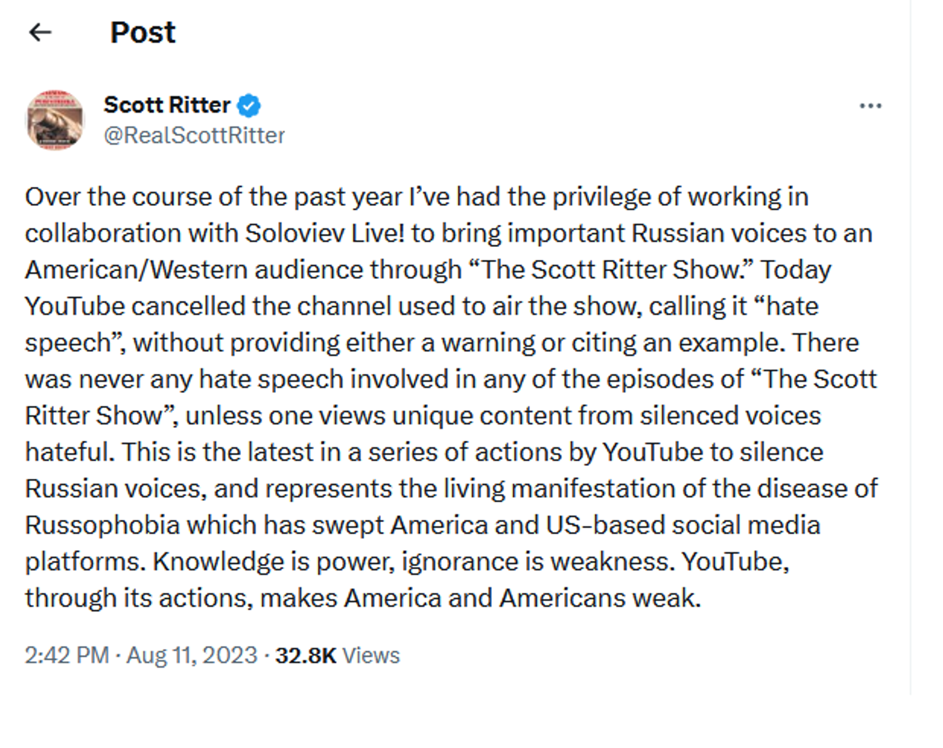 Screenshot of Scott Ritter's reaction to the deletion of his YouTube channel. - Sputnik International, 1920, 11.08.2023