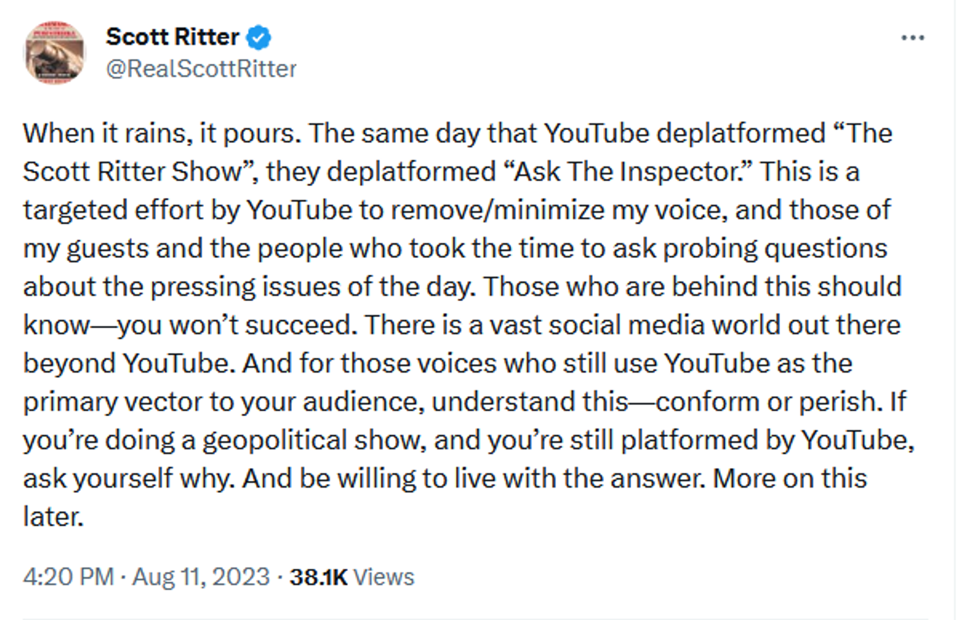 Part two of Scott Ritter's reaction to YouTube's decision to deplatform him. - Sputnik International, 1920, 11.08.2023