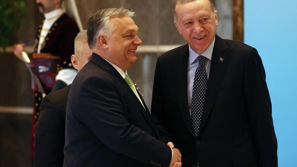Turkish President Recep Tayyip Erdogan (R) and Hungarian Prime Minister Viktor Orban (L) shake hands during an Extraordinary Summit of the Heads of State of the Organization of Turkic States (OTS), in Ankara, on March 16, 2023.  - Sputnik International