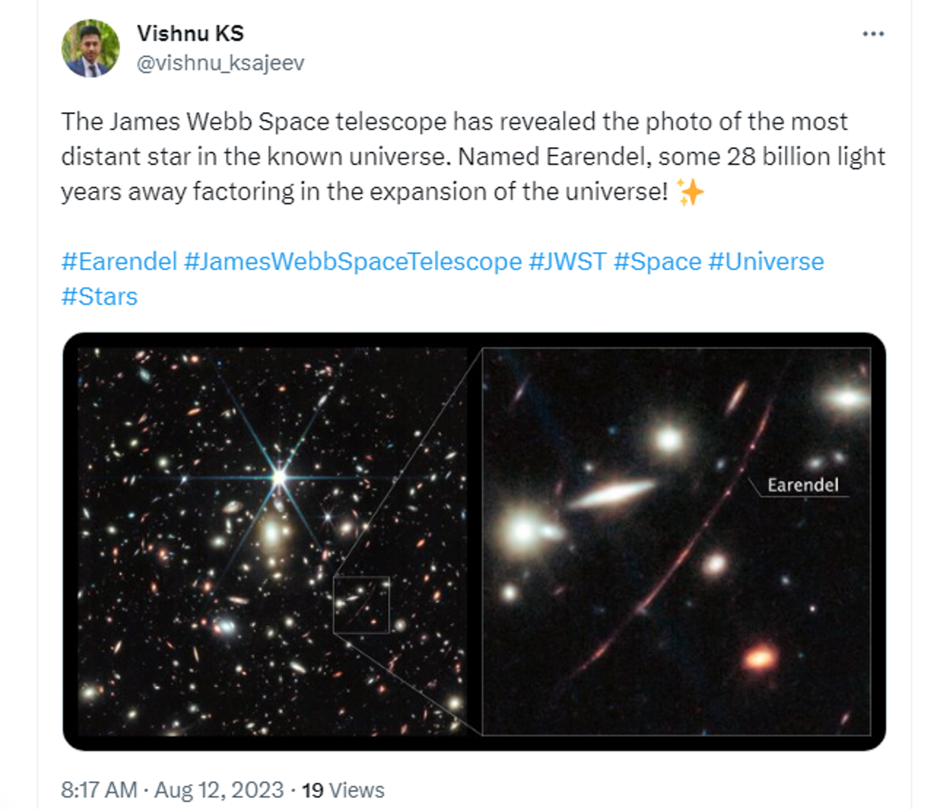 A Twitter screenshot of a photo of a most distant star made with the help of the James Webb Space Telescope - Sputnik International, 1920, 12.08.2023