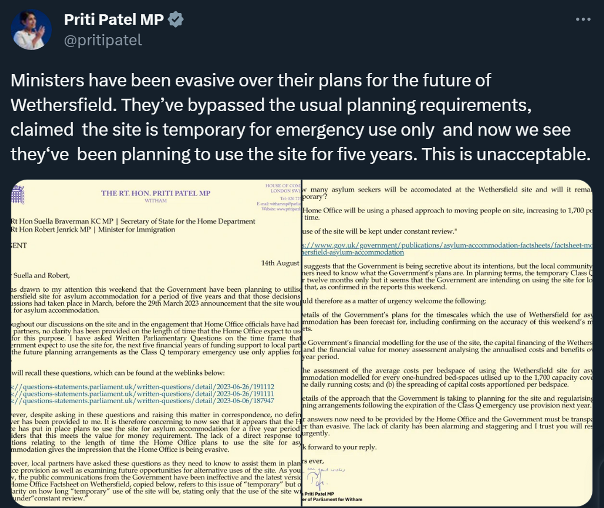 Former Home Secretary Priti Patel tweets a letter protesting at plans to house asylum-seekers at a closed RAF base near her Essex constituency - Sputnik International, 1920, 14.08.2023