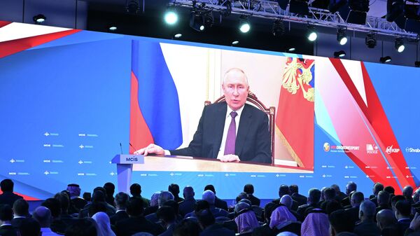 Russian President Vladimir Putin's video address at the XI Moscow Conference on International Security on August 15, 2023. - Sputnik International