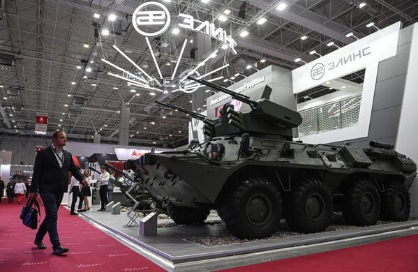 A new ZAK-23E anti-aircraft artillery system based on the BTR-82A armored personnel carrier armed with a module with two 23 mm 2A7M anti-aircraft guns at an exhibition during the Army-2023 forum. - Sputnik International