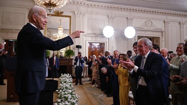 US President Joe Biden gestures after speaking on the anniversary of the Inflation Reduction Act in the East Room of the White House in Washington, DC, on August 16, 2023. - Sputnik International