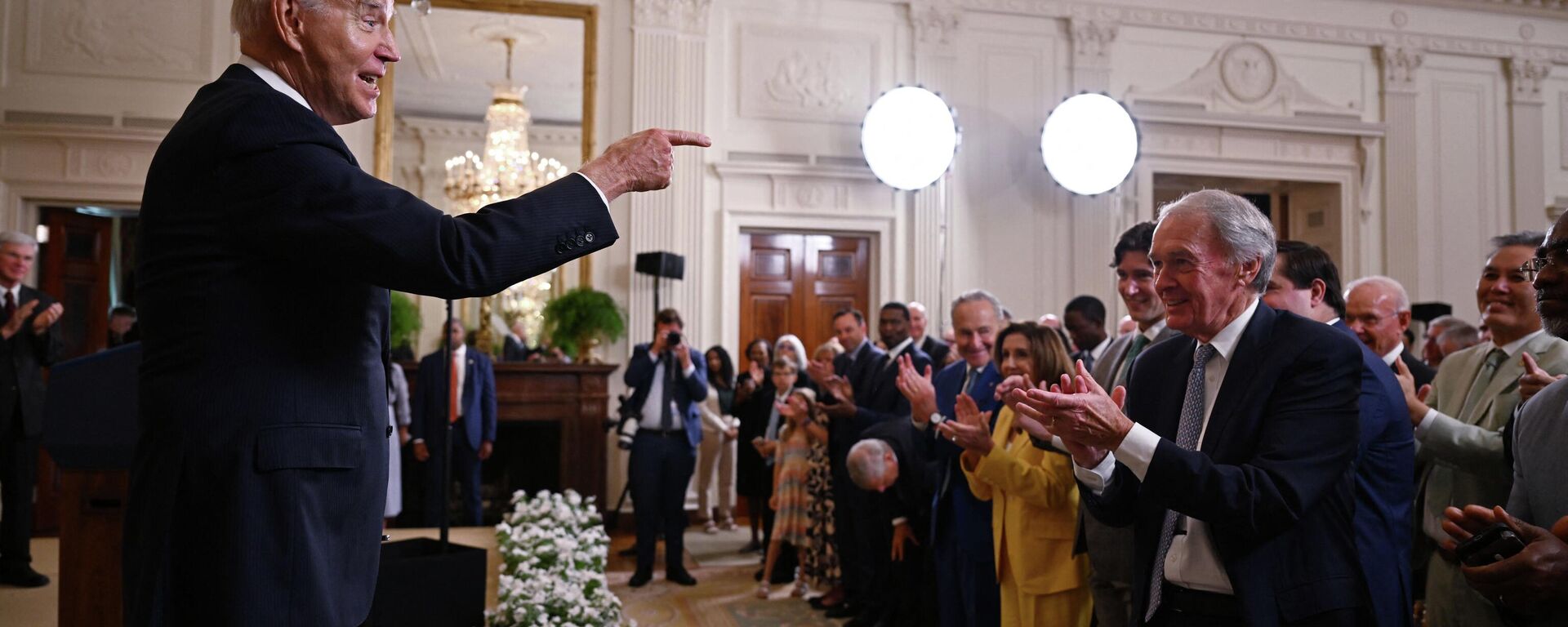 US President Joe Biden gestures after speaking on the anniversary of the Inflation Reduction Act in the East Room of the White House in Washington, DC, on August 16, 2023. - Sputnik International, 1920, 17.08.2023