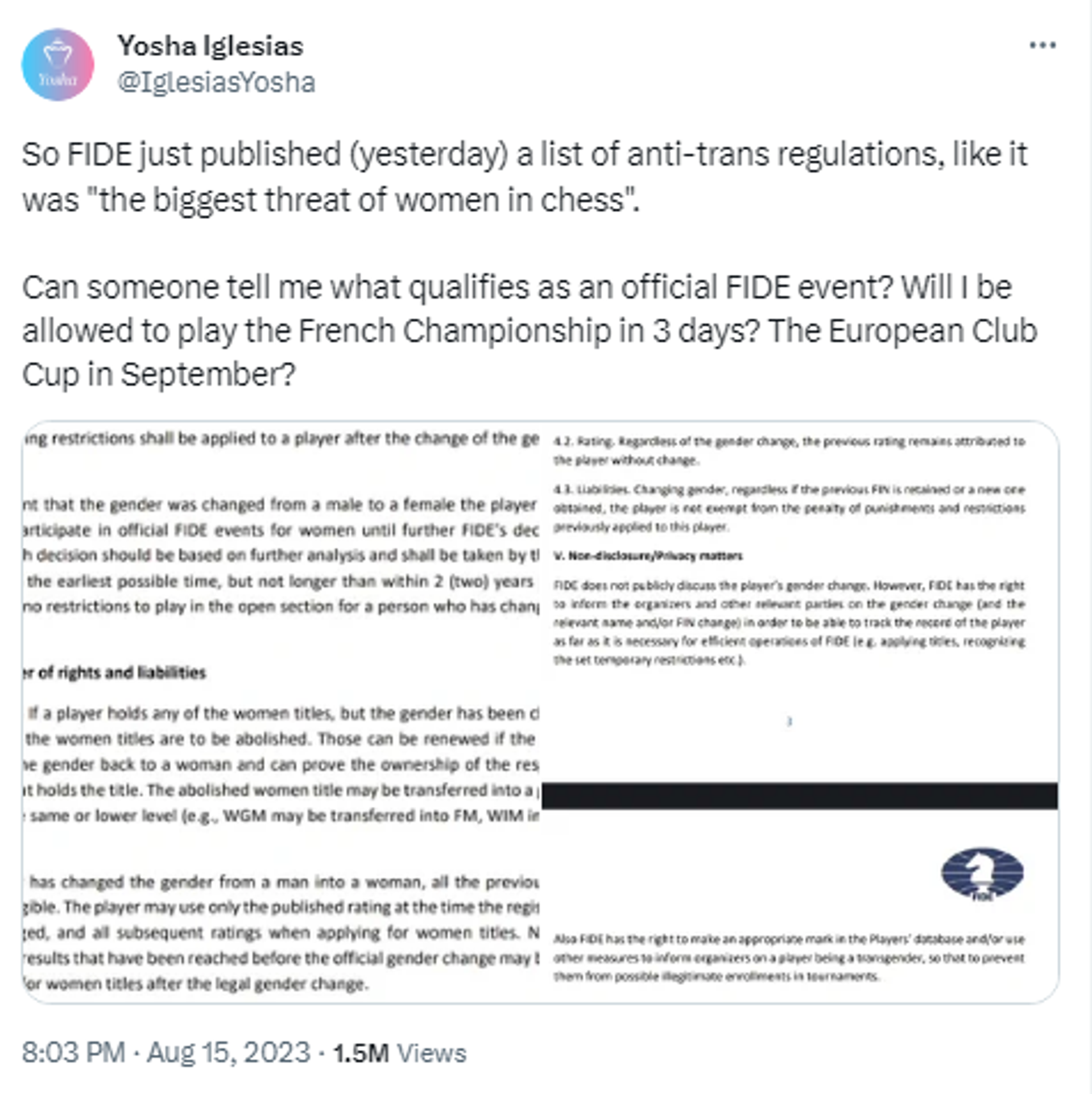 Screengrab of X post by Yosha Iglesias, a French chess coach. - Sputnik International, 1920, 17.08.2023