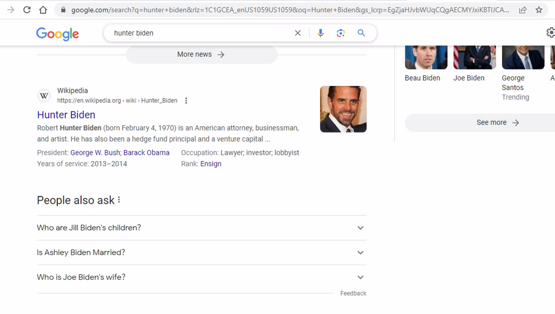 Screen grab of a Google search for 'Hunter Biden', listing related queries suggested by the search engine - Sputnik International, 1920, 17.08.2023