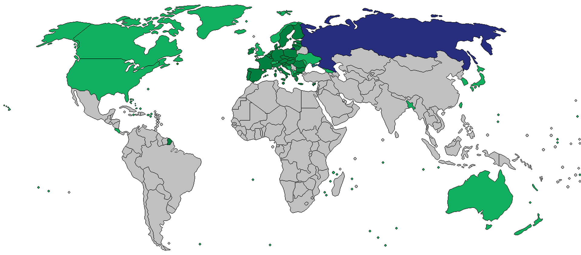 Map showing countries which have slapped sanctions on Russia (in green) after the escalation of the Donbass crisis into a full-blown NATO-Russia proxy war in Ukraine. The image shows that the vast majority of nations in the so-called Global South refrained from introducing restrictions on Moscow. - Sputnik International, 1920, 17.08.2023