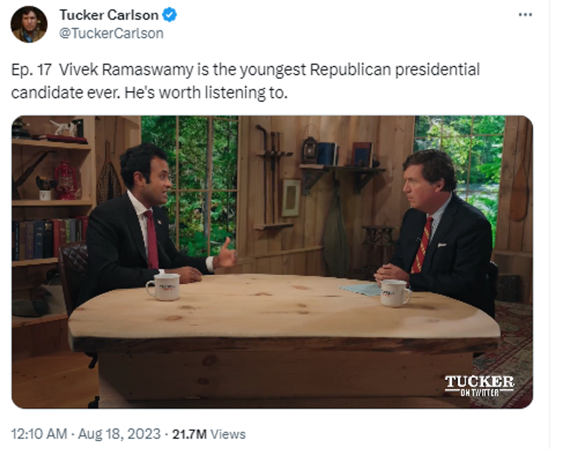 Screengrab of X post by Tucker Carlson featuring his interview with Republican presidential candidate businessman Vivek Ramaswamy. - Sputnik International, 1920, 18.08.2023