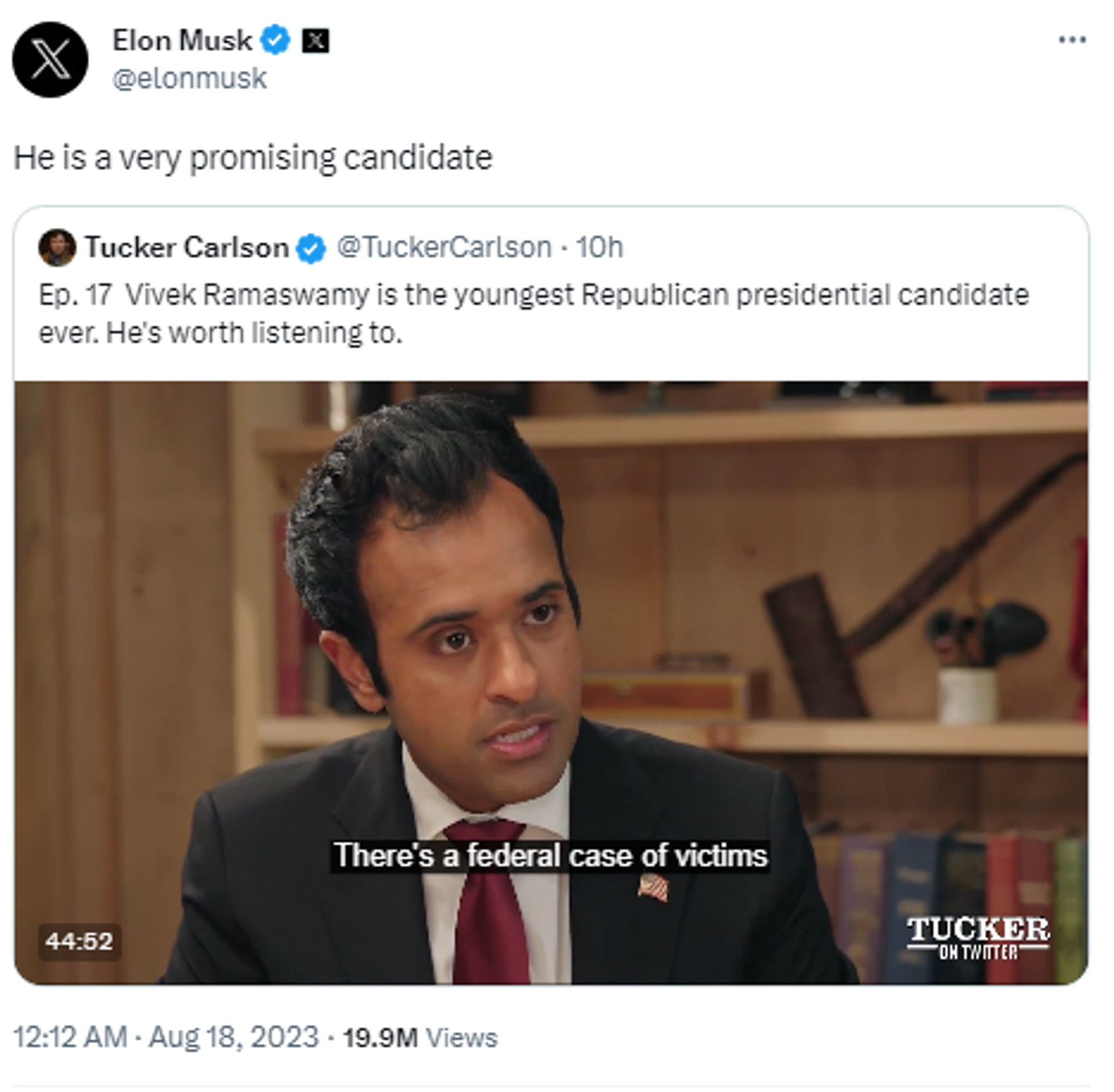X screenshot of Elon Musk post featuring Tucker Carlson interview with Republican presidential candidate businessman Vivek Ramaswamy. - Sputnik International, 1920, 18.08.2023