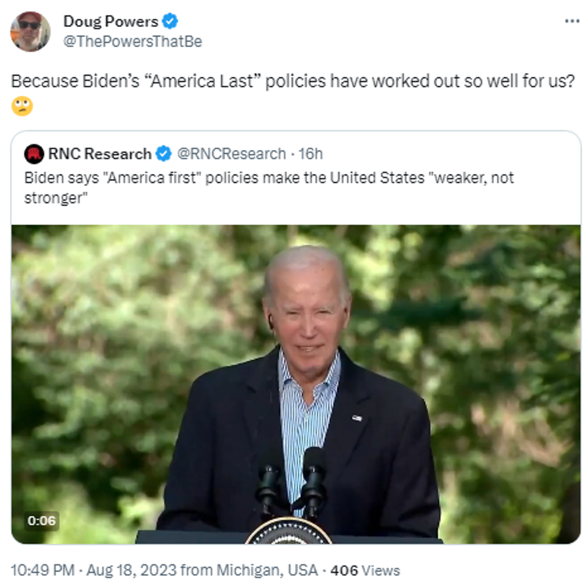 Screengrab of X post by Doug Powers featuring footage of Joe Biden press conference at Camp David n August 18, 2023. - Sputnik International, 1920, 19.08.2023