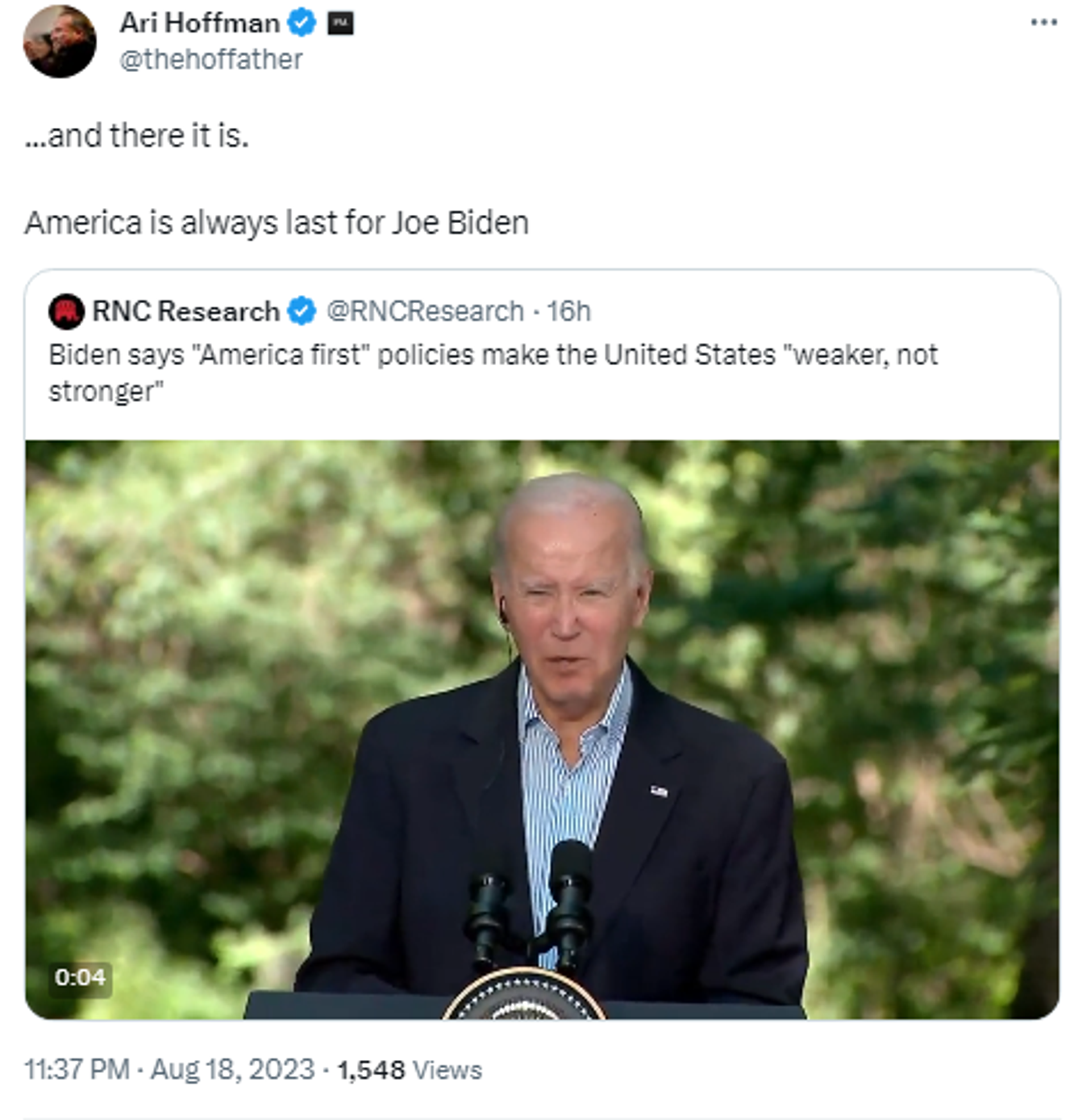 Screengrab of X post by Radio host Ari Hoffman showing footage of US President Joe Biden press conference on August 18, 2023.  - Sputnik International, 1920, 19.08.2023