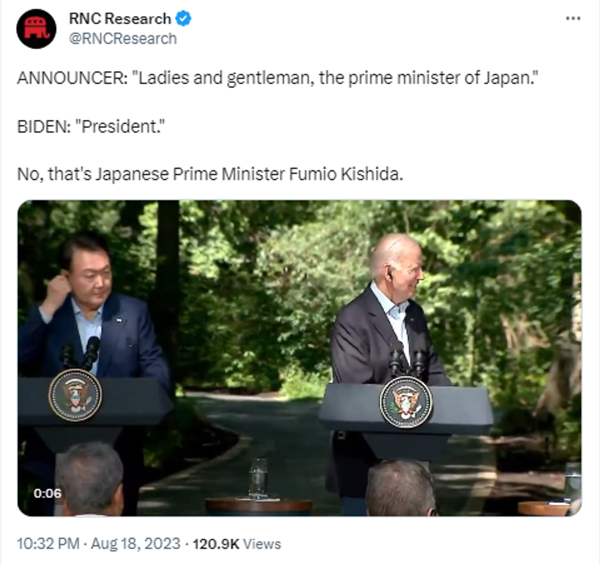 Screengrab of X post by RNC Research showing footage of US President Joe Biden press conference at Camp David with Japan’s Prime Minister Fumio Kishida on August 18, 2023. - Sputnik International, 1920, 19.08.2023