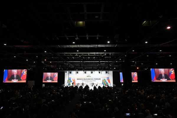 Addressing the audience at the summit, Vladimir Putin emphasized the role of BRICS in socio-economic growth and sustainable development of the world&#x27;s emerging economies. - Sputnik International
