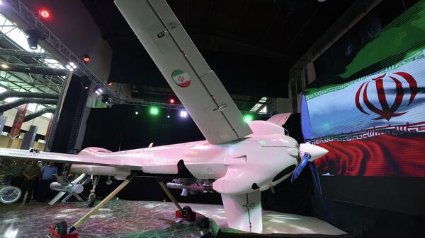 A picture shows the new Iranian drone Mohajer 10 during Iran's defence industry achievements exhibition. - Sputnik International