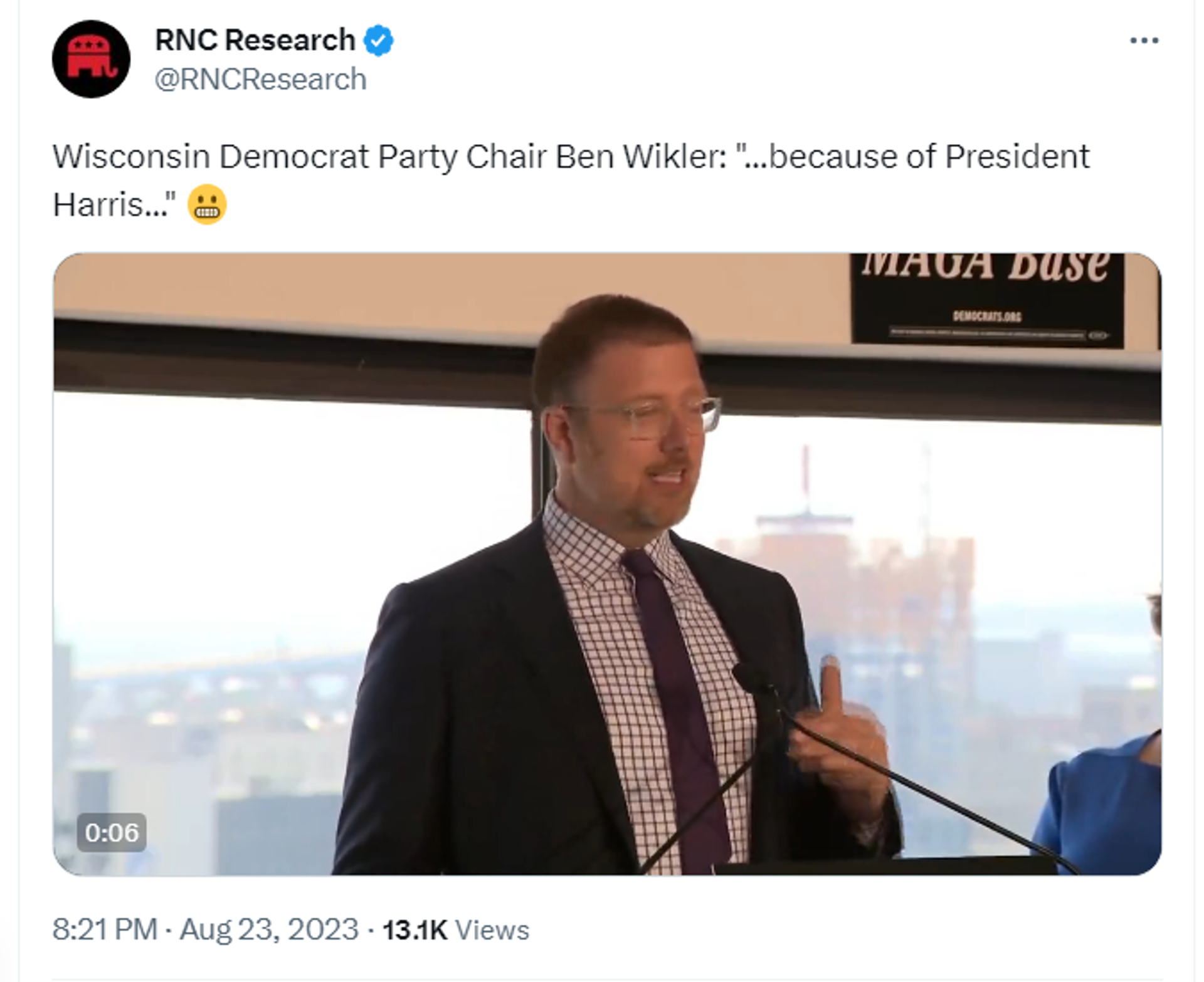 Screenshot of X post on account belonging to the Republican National Committee (RNC) featuring footage of remarks by chairman of the Democratic Party of Wisconsin, Ben Wikler. - Sputnik International, 1920, 24.08.2023
