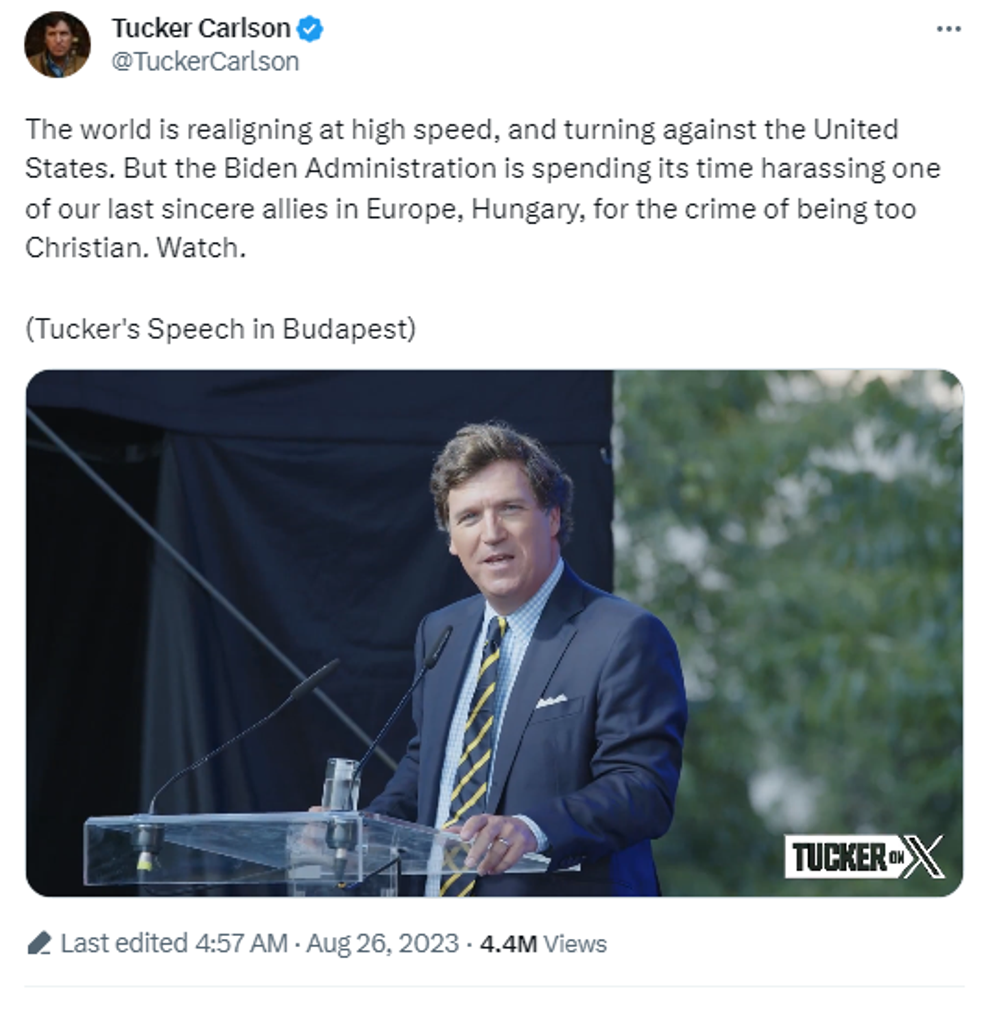 Screenshot of Tucker Carlson account on X, featuring footage from his speech in Hungary. - Sputnik International, 1920, 27.08.2023
