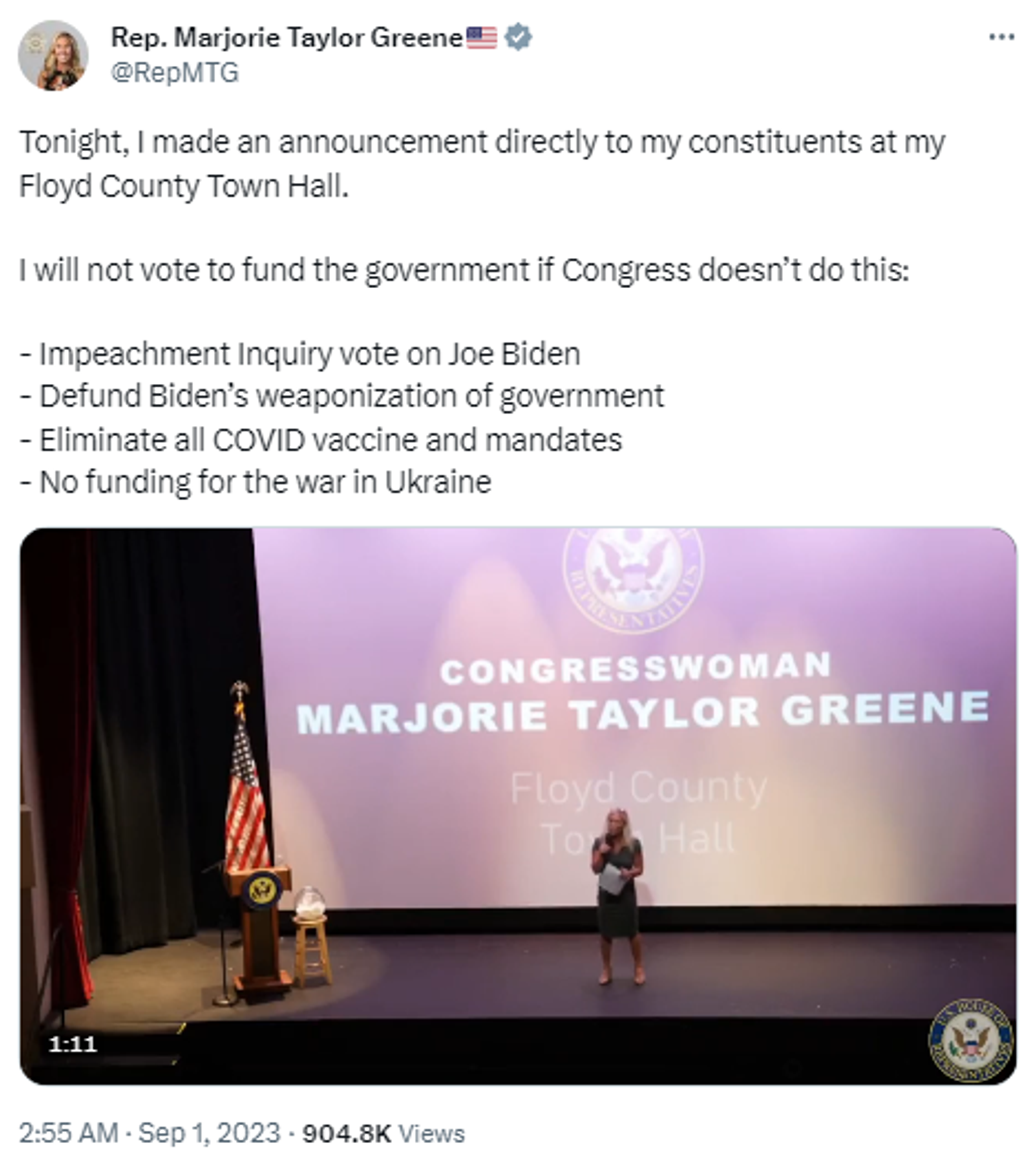 Screenshot of X post made by Congresswoman Marjorie Taylor Greene (R-Ga.) featuring her appearance at the Floyd county town hall. - Sputnik International, 1920, 01.09.2023