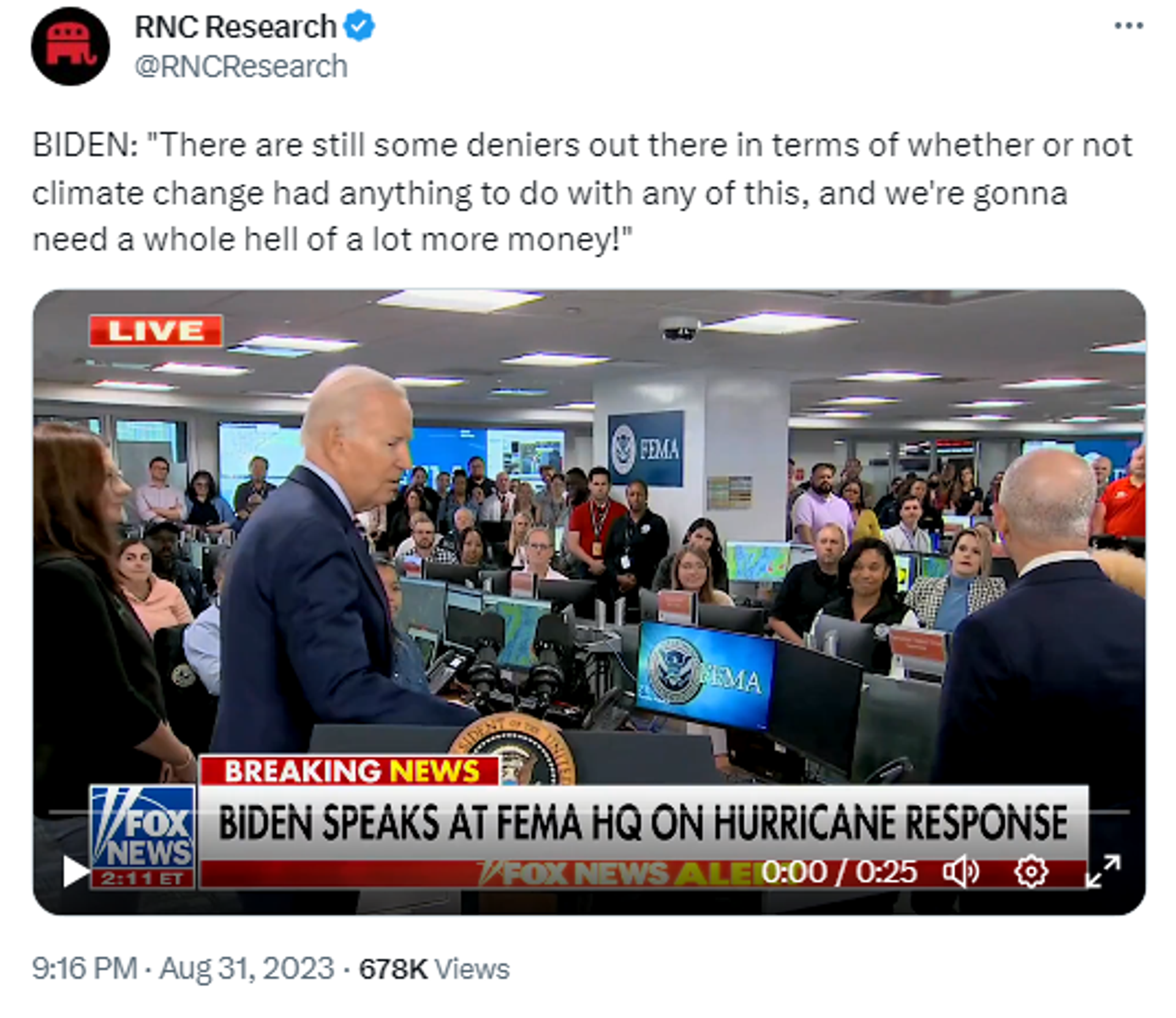 Screengrab of X post by Republican National Committee (RNC) Research showing footage of US President Joe Biden speaking at FEMA offices. - Sputnik International, 1920, 01.09.2023